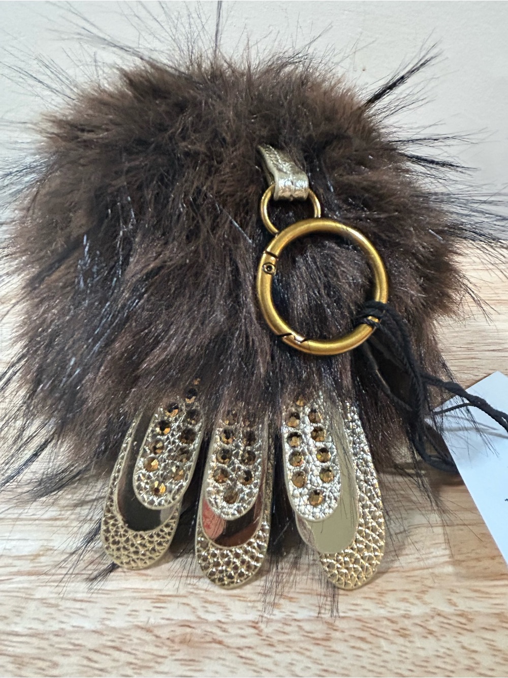 Kurt Geiger Brown Furry Pom-Pom Keychain with Gold-Tone Crystal Accents - Picture 7 of 12